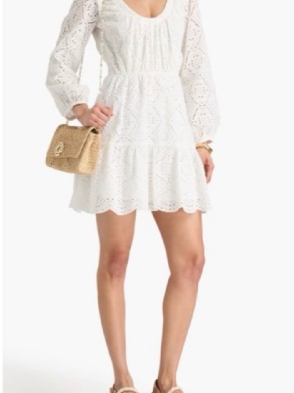 Veronica Beard White Eyelet Long-Sleeve Mini Dress